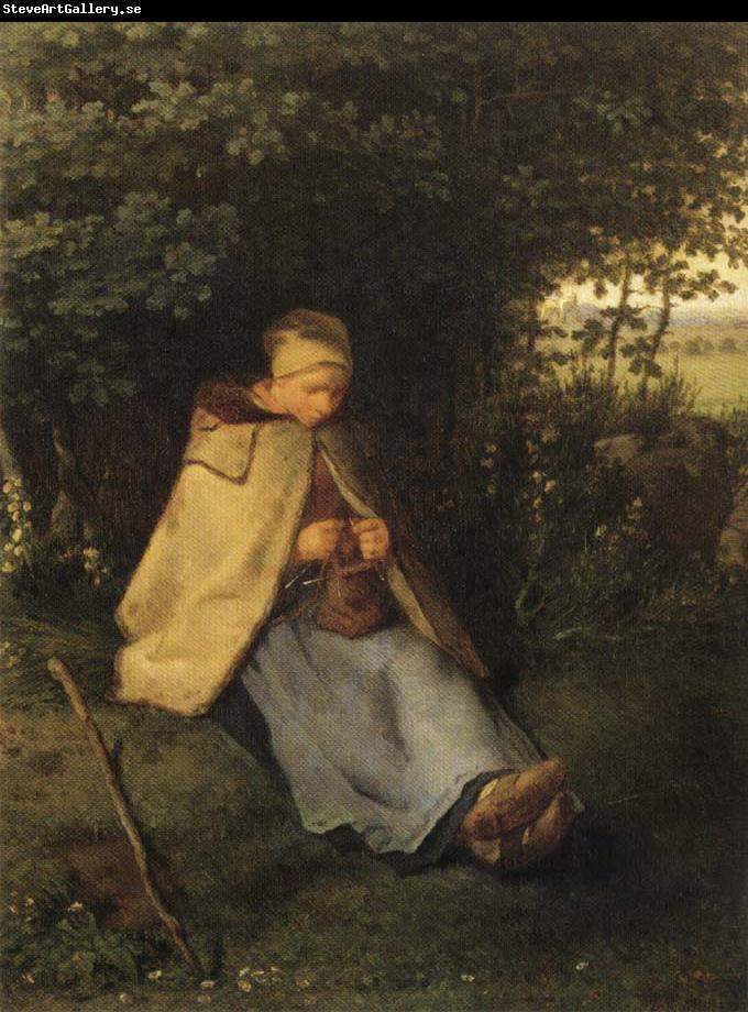 Jean Francois Millet Shepherdess or Woman Knitting